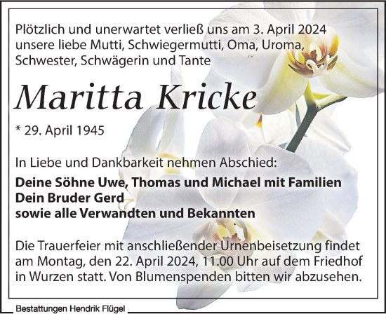 Traueranzeige von Maritta Kricke von Leipziger Volkszeitung