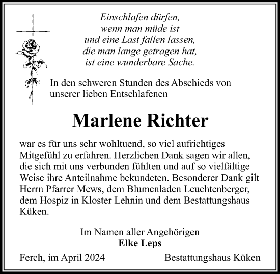 Traueranzeige von Marlene Richter von Märkischen Allgemeine Zeitung