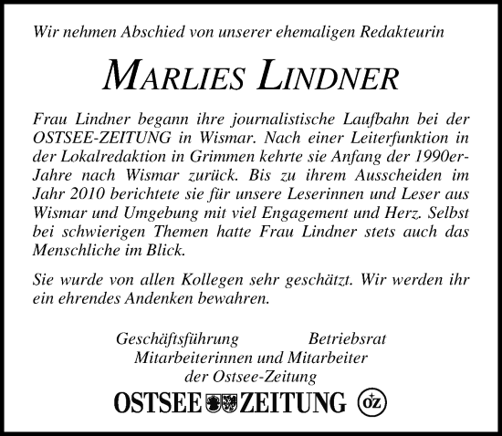 Traueranzeige von Marlies Lindner von Ostsee-Zeitung GmbH