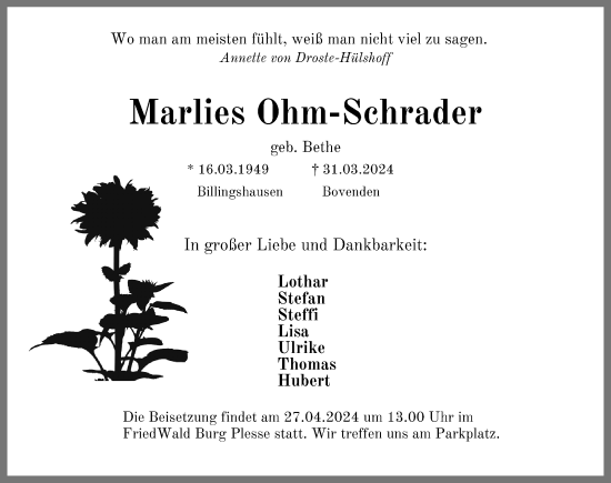 Traueranzeige von Marlies Ohm-Schrader von Göttinger Tageblatt