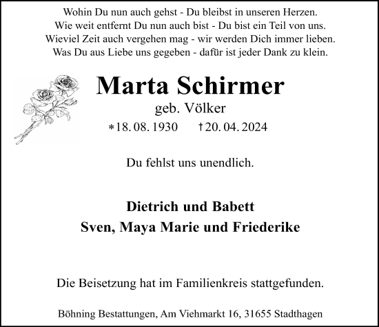 Traueranzeige von Marta Schirmer von Schaumburger Nachrichten