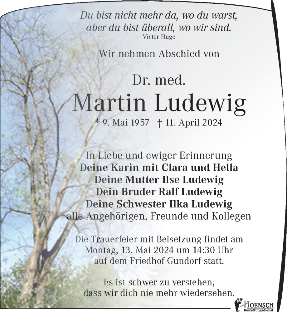  Traueranzeige für Martin Ludewig vom 20.04.2024 aus Leipziger Volkszeitung
