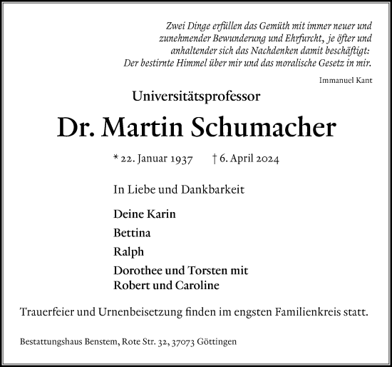 Traueranzeige von Martin Schumacher von Göttinger Tageblatt