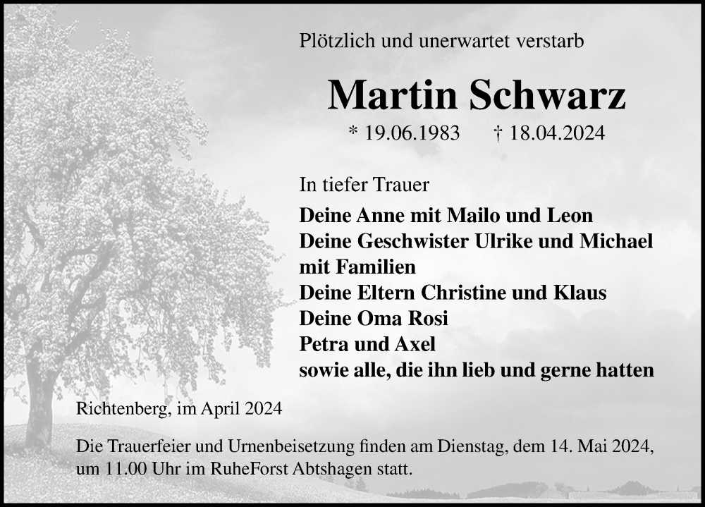  Traueranzeige für Martin Schwarz vom 27.04.2024 aus Ostsee-Zeitung GmbH