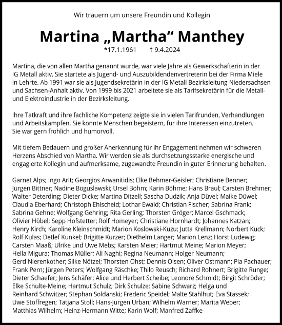 Traueranzeige von Martina  Manthey von Hannoversche Allgemeine Zeitung/Neue Presse