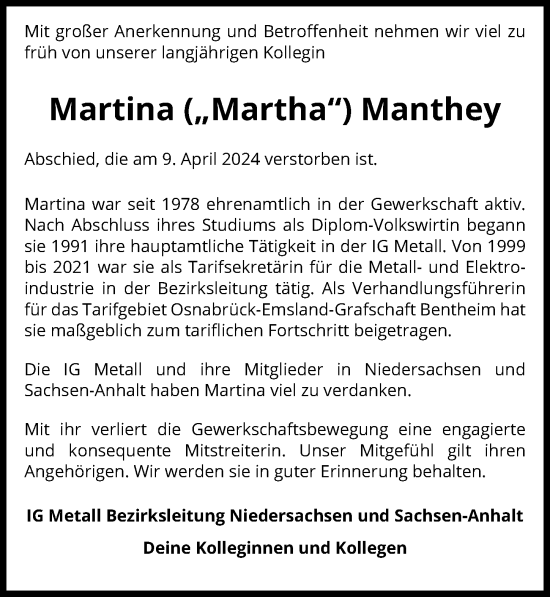 Traueranzeige von Martina  Manthey von Hannoversche Allgemeine Zeitung/Neue Presse