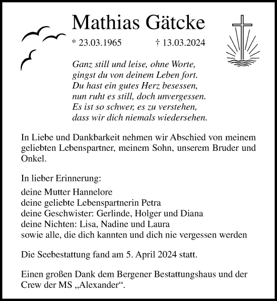Traueranzeige von Mathias Gätcke von Ostsee-Zeitung GmbH