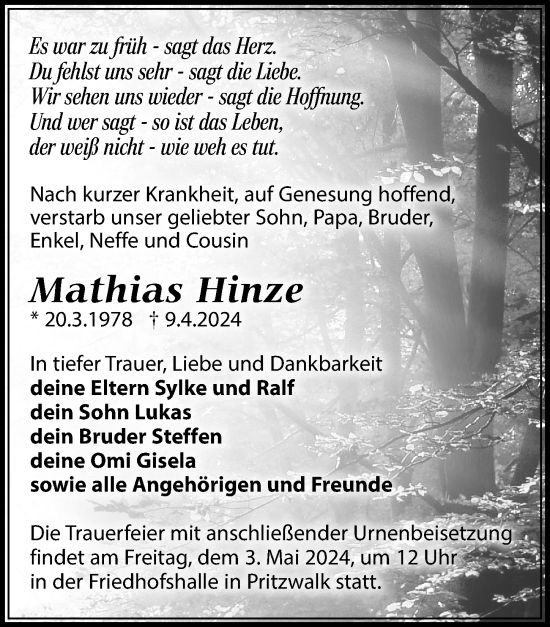 Traueranzeige von Mathias Hinze von Wochenspiegel