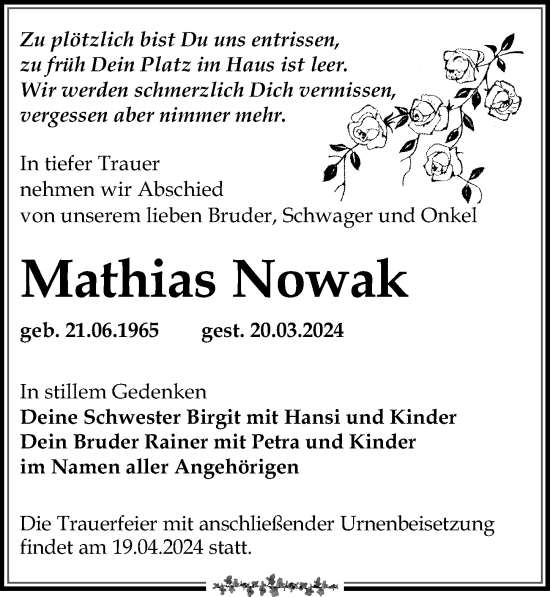 Traueranzeige von Mathias Nowak von Leipziger Volkszeitung