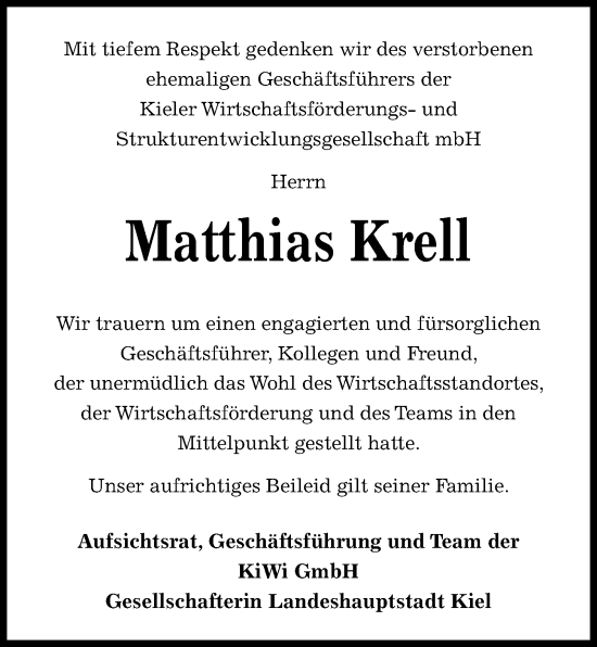 Traueranzeige von Matthias Krell von Kieler Nachrichten