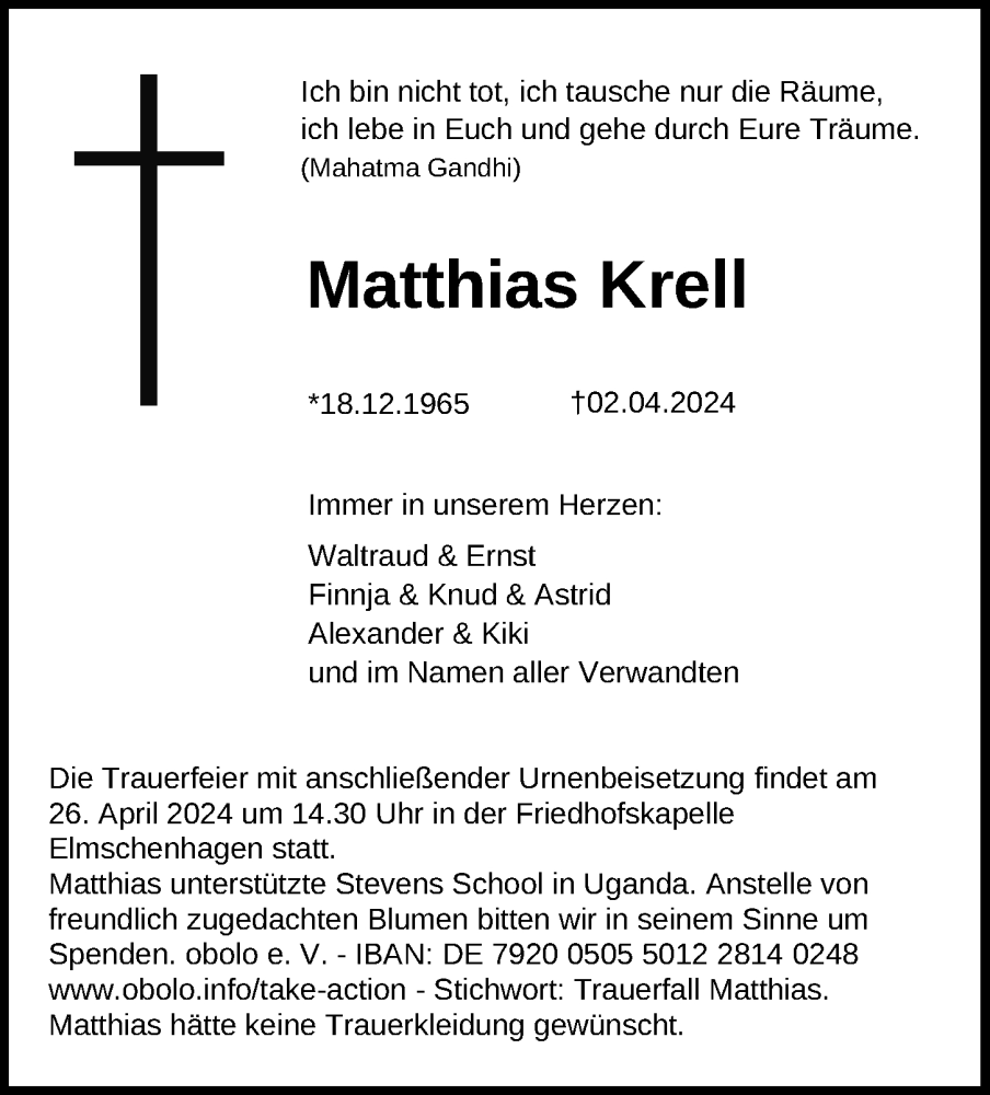  Traueranzeige für Matthias Krell vom 13.04.2024 aus Kieler Nachrichten