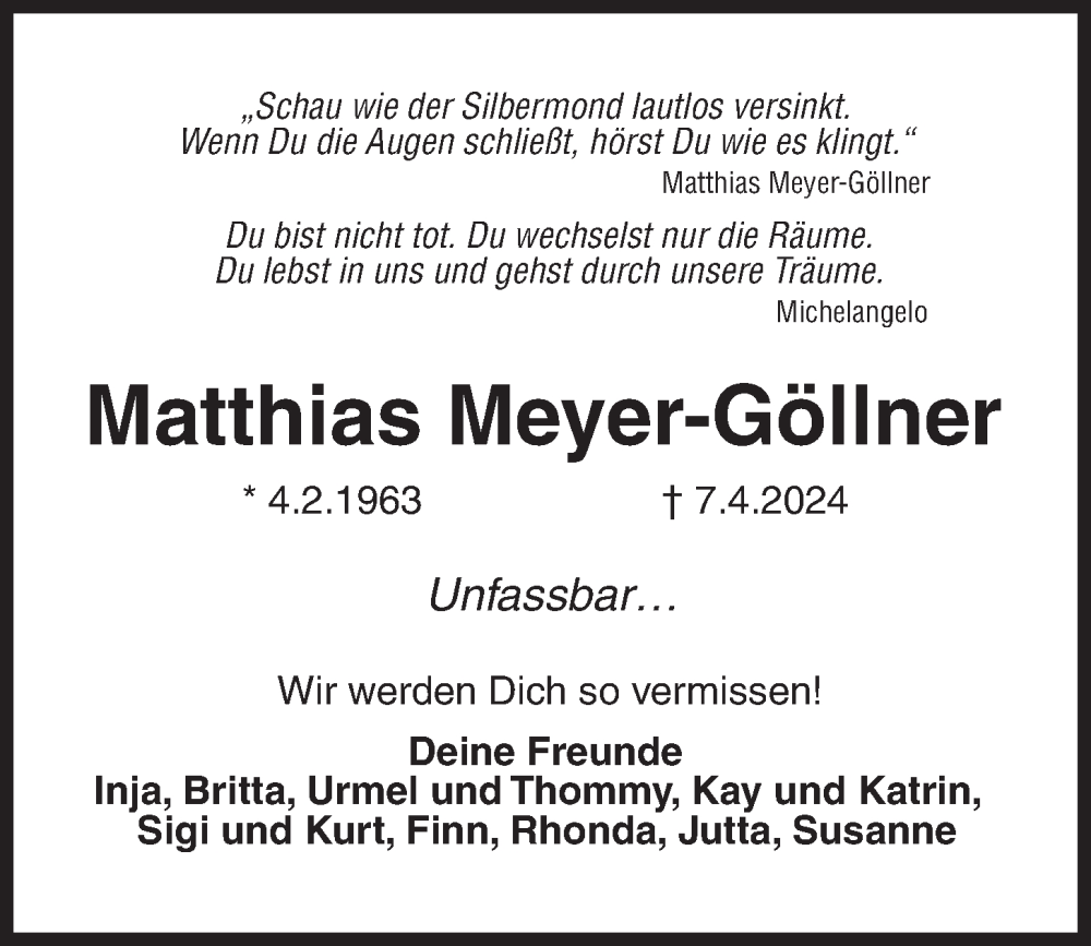 Traueranzeige für Matthias Meyer-Göllner vom 20.04.2024 aus Kieler Nachrichten