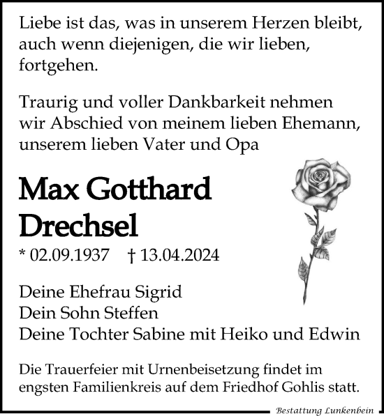 Traueranzeige von Max Gotthard Drechsel von Leipziger Volkszeitung