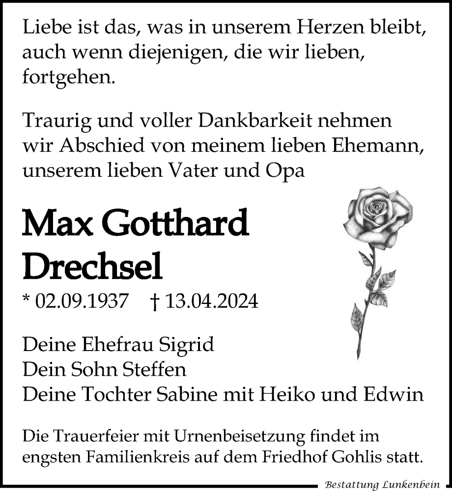  Traueranzeige für Max Gotthard Drechsel vom 20.04.2024 aus Leipziger Volkszeitung