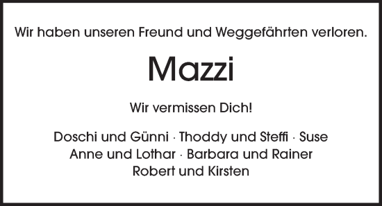 Traueranzeige von Mazzi  von Kieler Nachrichten
