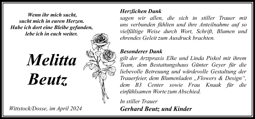  Traueranzeige für Melitta Beutz vom 27.04.2024 aus Wochenspiegel