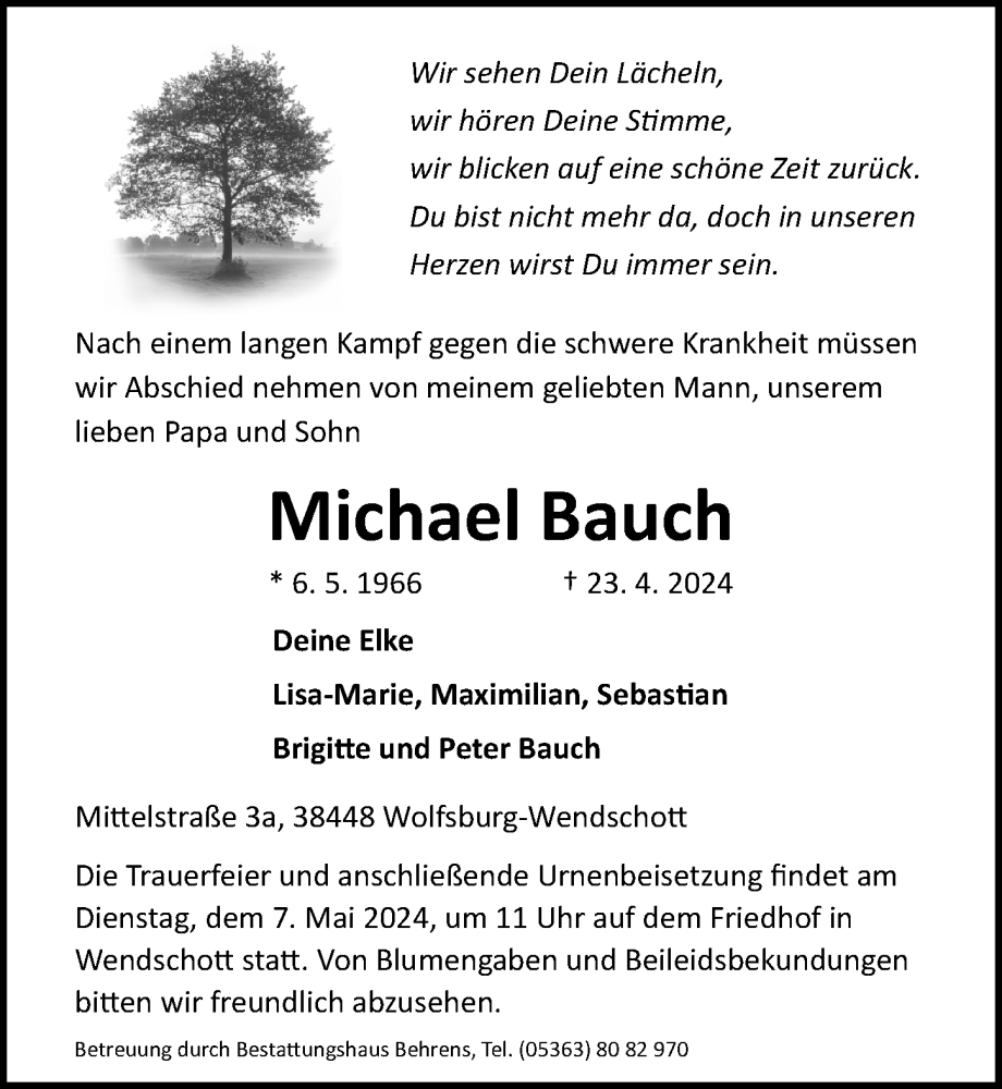  Traueranzeige für Michael Bauch vom 27.04.2024 aus Aller Zeitung