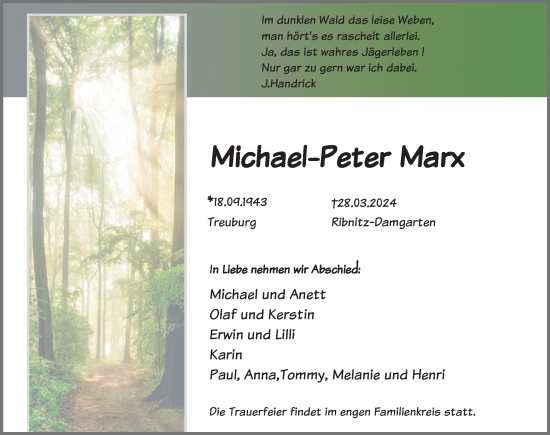 Traueranzeige von Michael-Peter Marx von Ostsee-Zeitung GmbH