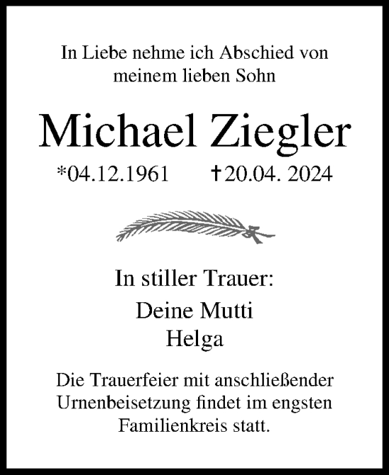 Traueranzeige von Michael Ziegler von Ostsee-Zeitung GmbH