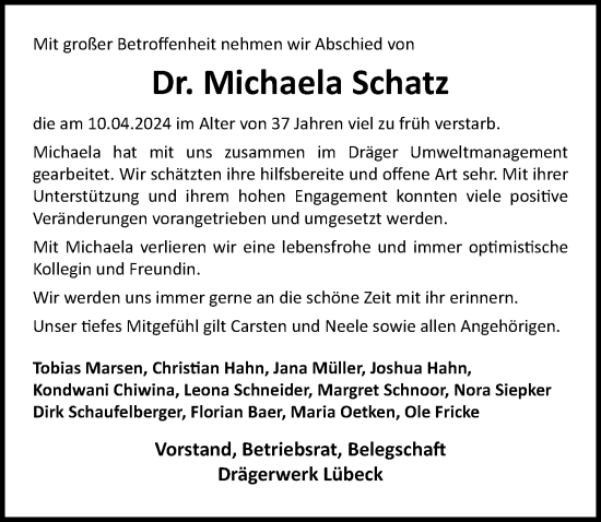 Traueranzeige von Michaela Schatz von Lübecker Nachrichten