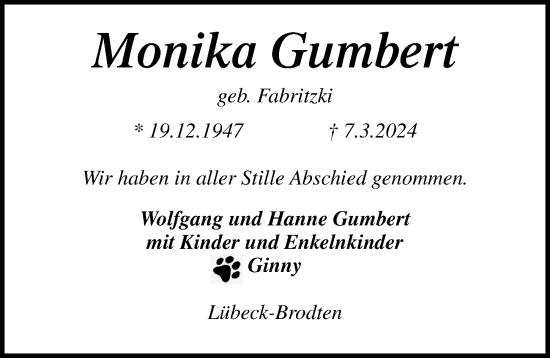 Traueranzeige von Monika Gumbert von Lübecker Nachrichten