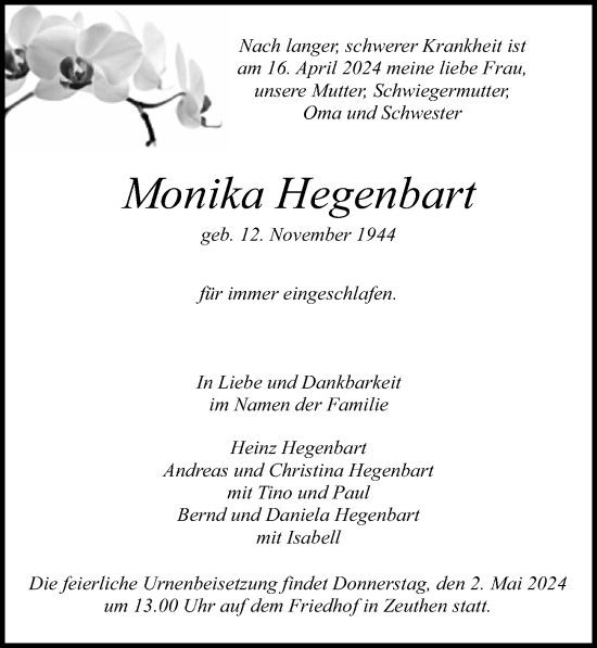 Traueranzeige von Monika Hegenbart von Märkischen Allgemeine Zeitung