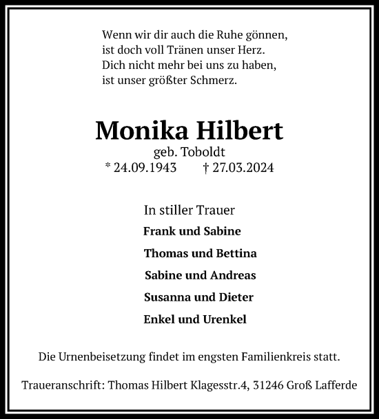 Traueranzeige von Monika Hilbert von Peiner Allgemeine Zeitung