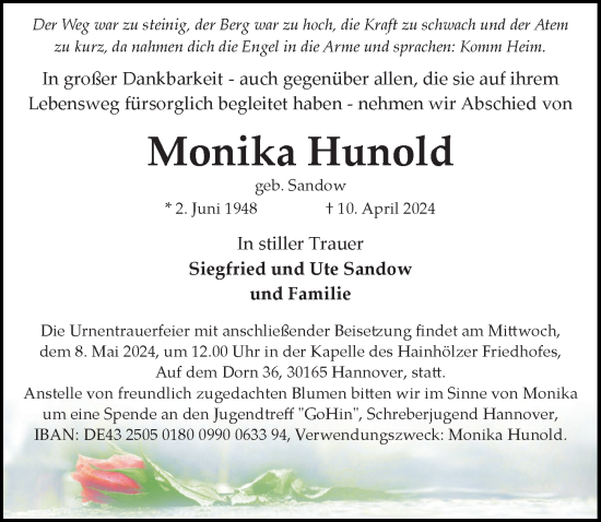Traueranzeige von Monika Hunold von Hannoversche Allgemeine Zeitung/Neue Presse