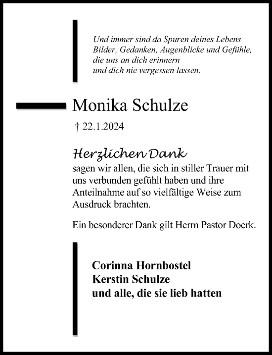 Traueranzeige von Monika Schulze von Peiner Allgemeine Zeitung