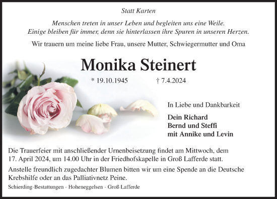 Traueranzeige von Monika Steinert von Peiner Allgemeine Zeitung