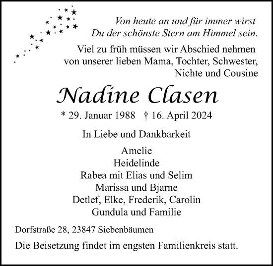 Traueranzeige von Nadine Clasen von Lübecker Nachrichten