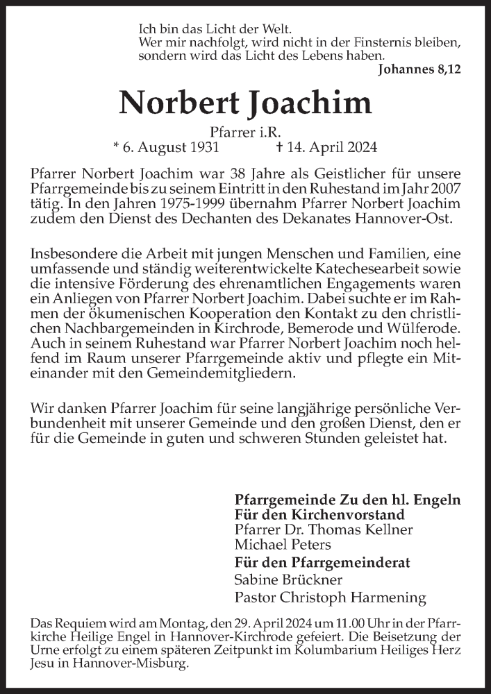  Traueranzeige für Norbert Joachim vom 27.04.2024 aus Hannoversche Allgemeine Zeitung/Neue Presse