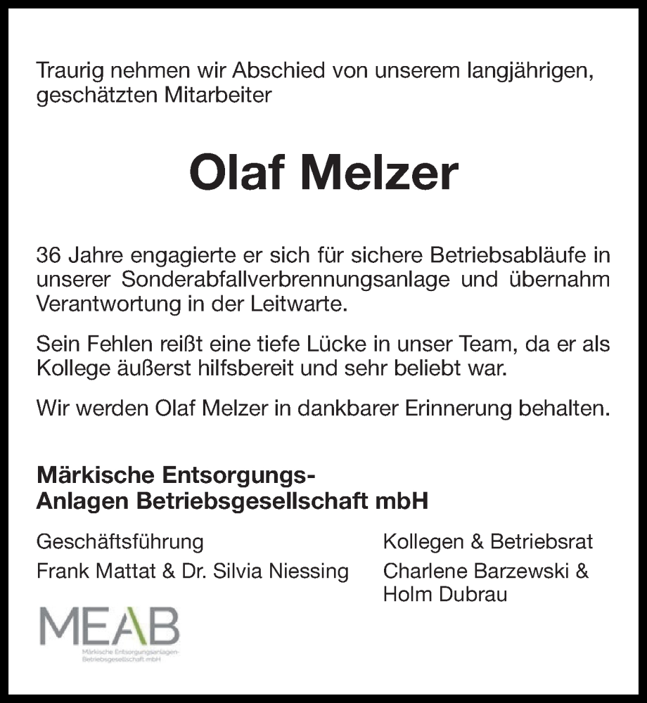  Traueranzeige für Olaf Melzer vom 13.04.2024 aus Märkischen Allgemeine Zeitung