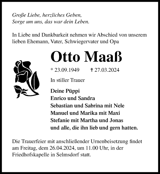 Traueranzeige von Otto Maaß von Ostsee-Zeitung GmbH