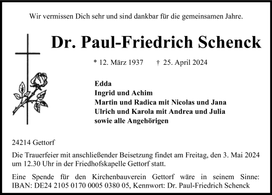 Traueranzeige von Paul-Friedrich Schenck von Kieler Nachrichten
