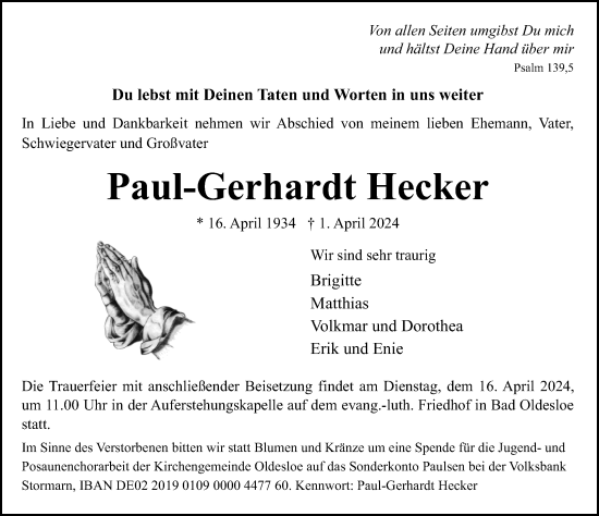 Traueranzeige von Paul-Gerhardt Hecker von Lübecker Nachrichten