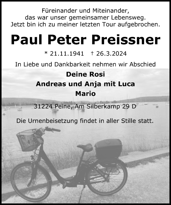 Traueranzeige von Paul Peter Preissner von Peiner Allgemeine Zeitung
