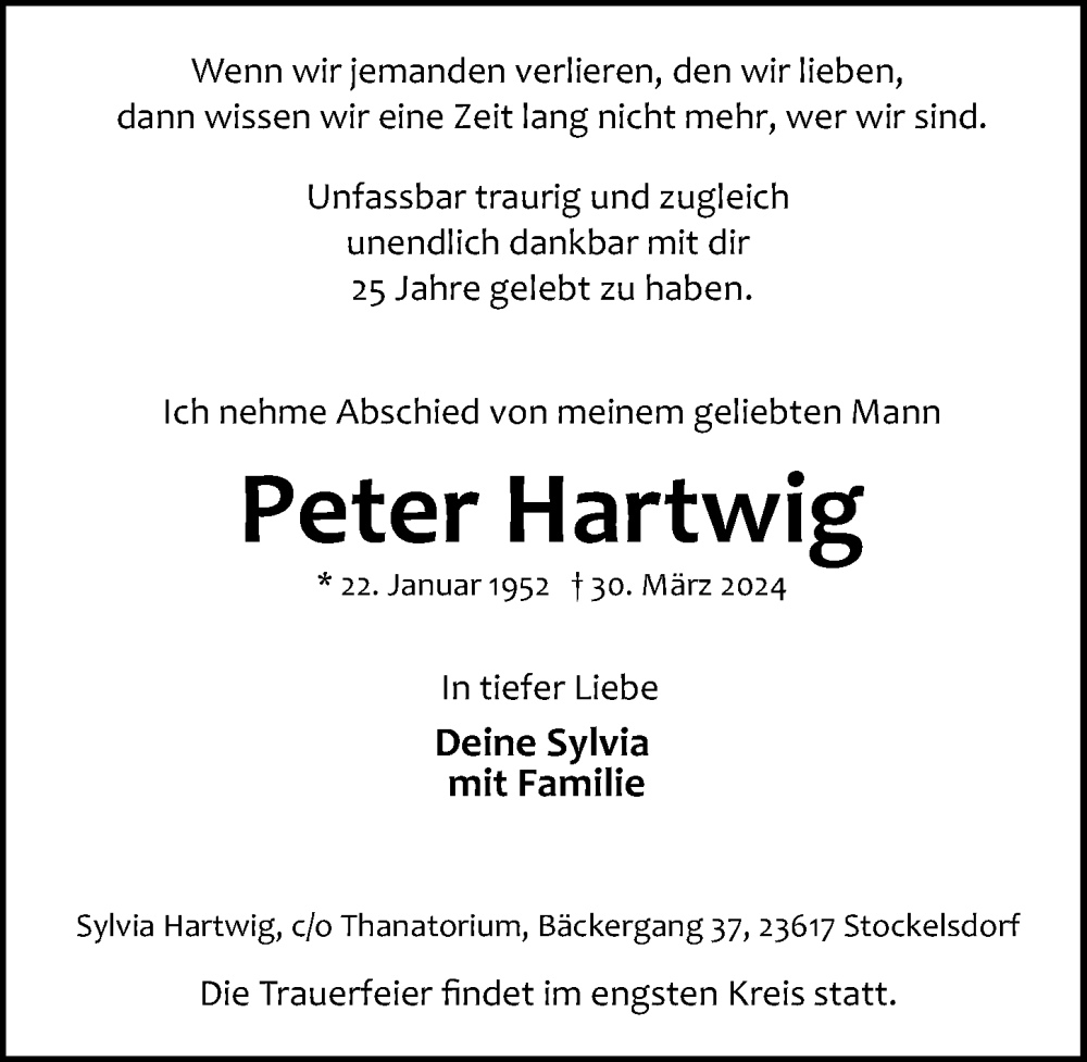  Traueranzeige für Peter Hartwig vom 07.04.2024 aus Lübecker Nachrichten
