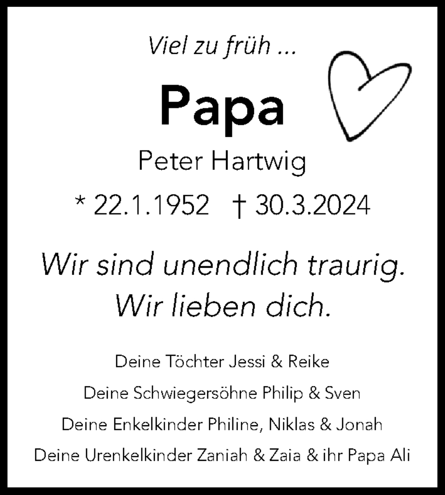  Traueranzeige für Peter Hartwig vom 07.04.2024 aus Lübecker Nachrichten