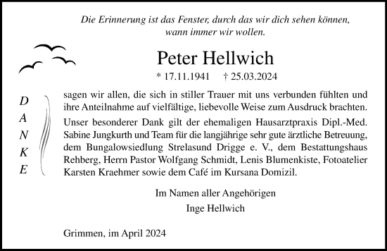 Traueranzeige von Peter Hellwich von Ostsee-Zeitung GmbH