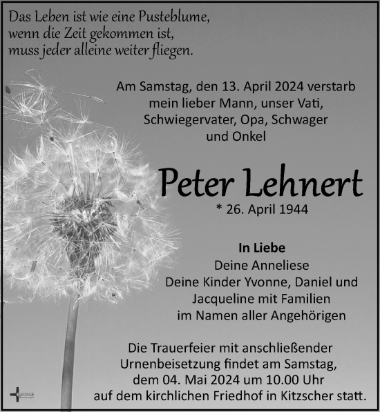 Traueranzeige von Peter Lehnert von Leipziger Volkszeitung