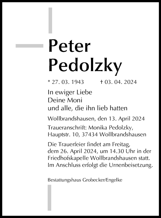 Traueranzeige von Peter Pedolzky von Eichsfelder Tageblatt