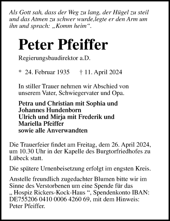 Traueranzeige von Peter Pfeiffer von Lübecker Nachrichten