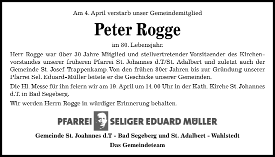 Traueranzeige von Peter Rogge von Kieler Nachrichten