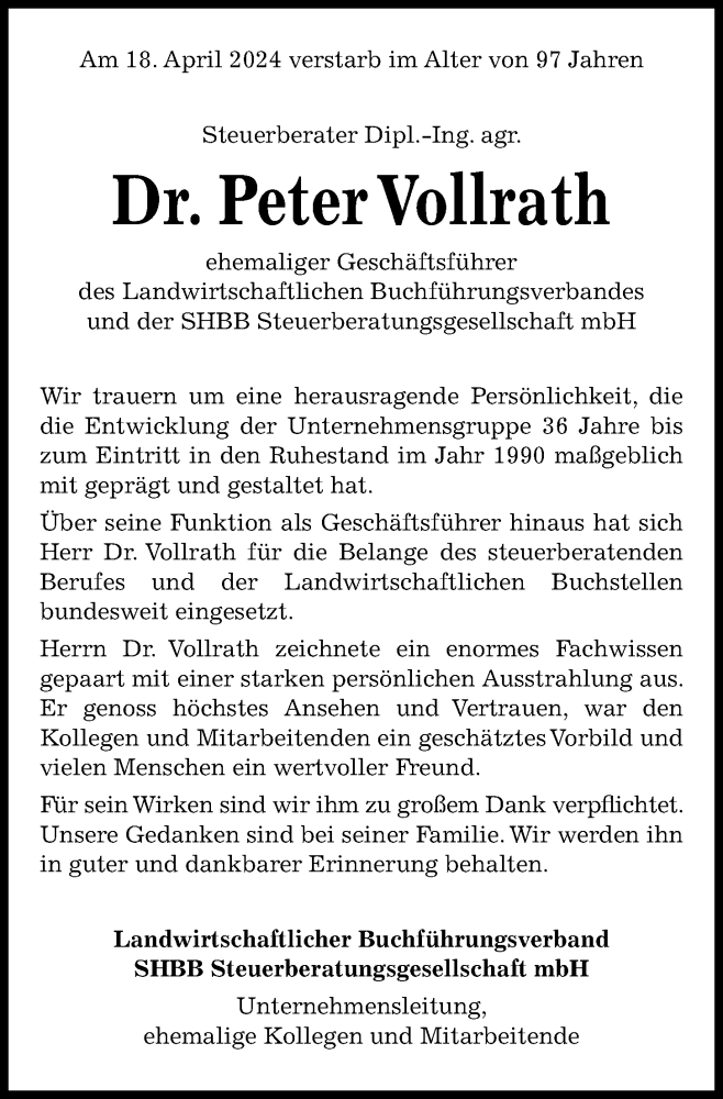  Traueranzeige für Peter Vollrath vom 24.04.2024 aus Kieler Nachrichten