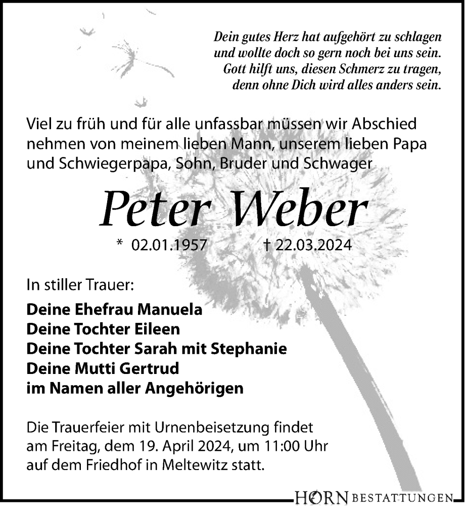  Traueranzeige für Peter Weber vom 06.04.2024 aus Leipziger Volkszeitung