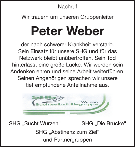 Traueranzeige von Peter Weber von Leipziger Volkszeitung