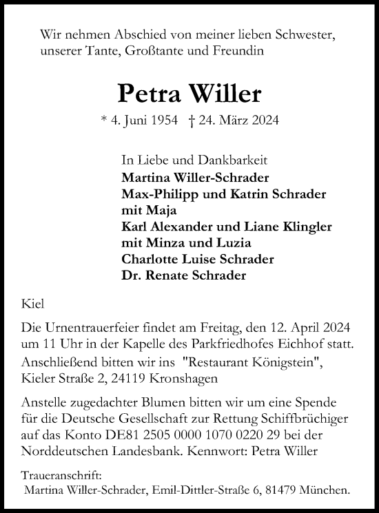 Traueranzeige von Petra Willer von Kieler Nachrichten