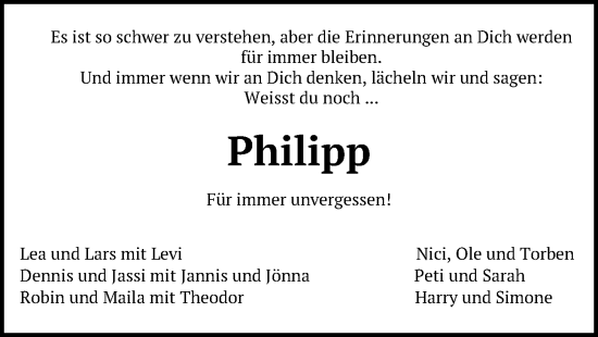 Traueranzeige von Philipp  von Kieler Nachrichten