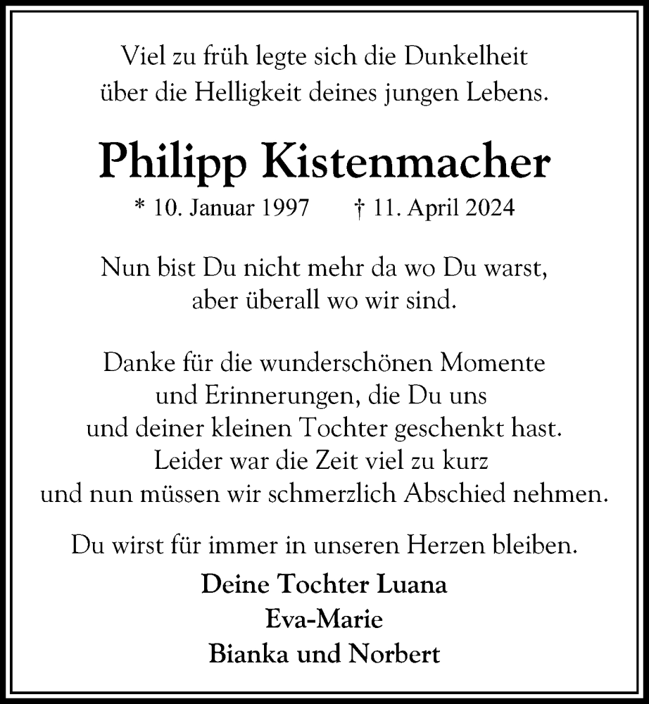 Traueranzeige für Philipp Kistenmacher vom 27.04.2024 aus Kieler Nachrichten